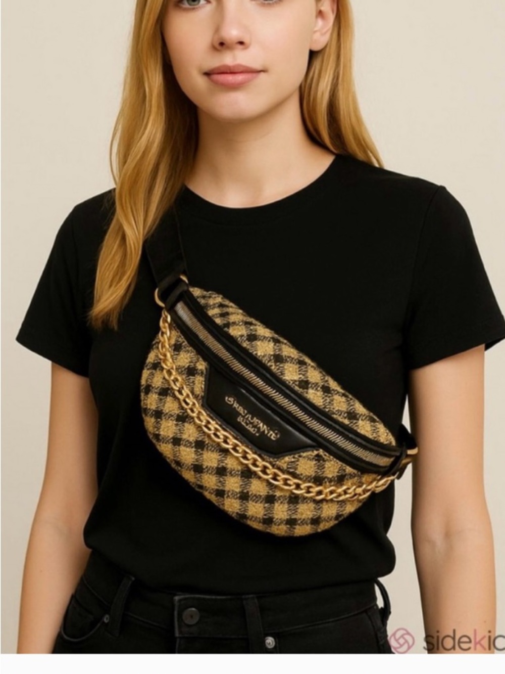 Plaid Chain-Accent Crossbody Belt Bag - Black & Yellow